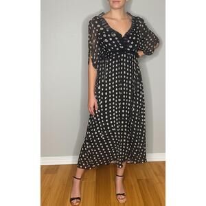 I-N-C Womens Size 6 Navy White Polka Dot Ruffled Midi Dress 100% Silk